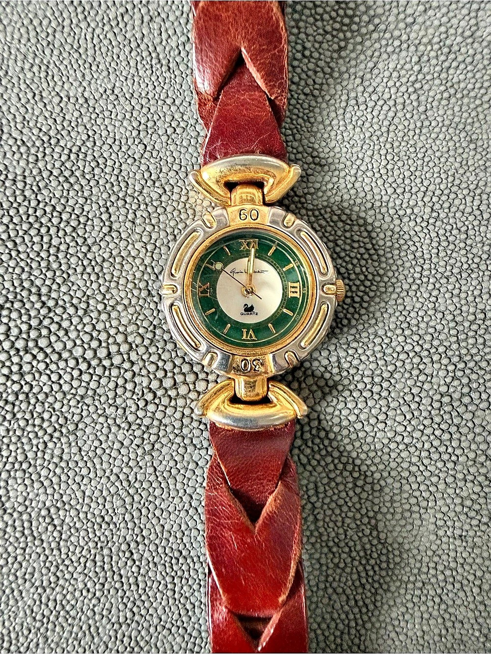 Gloria Vanderbilt Gold-Tone Green Face Watch with Brown Leather Strap